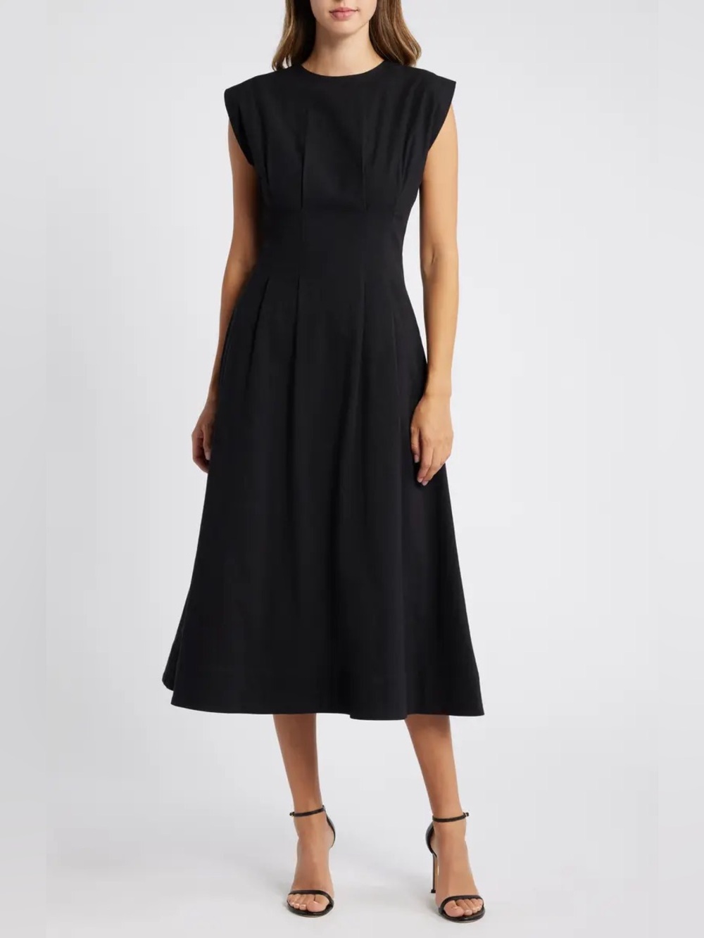 Mila Mae Cinched Waist Midi Dress Black Cap Sleeve Fit & Flare NWT Small